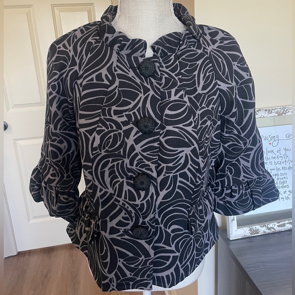VINTAGE Nicole Miller Black Gray 3/4 Ruffle Jacket Size 6